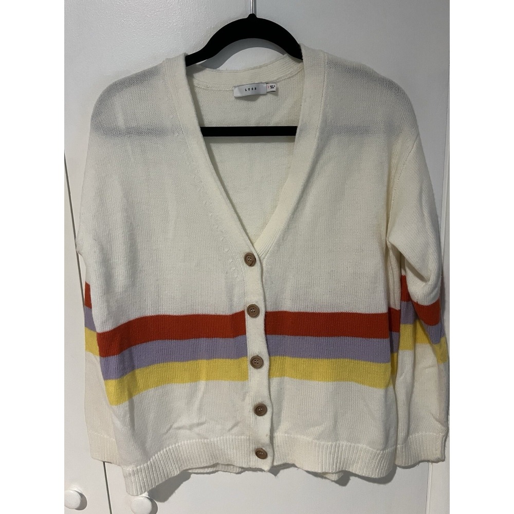 LUSH Ivory Red Purple Yellow Striped Sweater Cardigan Size Small Knit Button